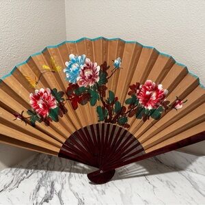 Floral Hand Fan with Red and Brown Accents